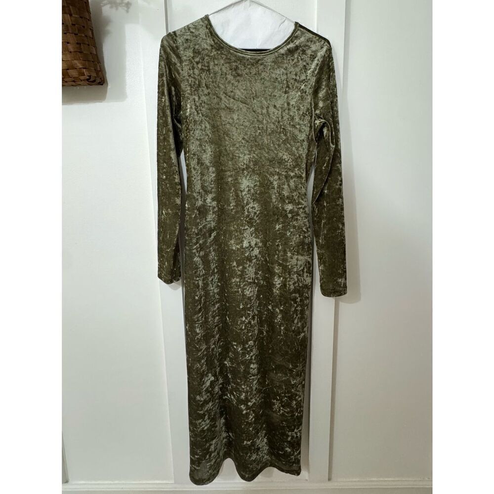 See You Monday Olive Green Crushed Velvet Long Sleeve Maxi Dress